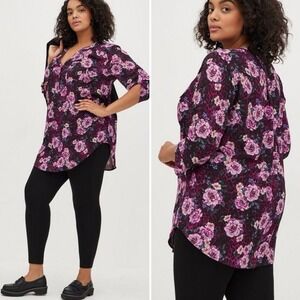 Torrid Harper Georgette Tunic‎ Blouse Top 0 Size Large Purple Leopard Floral 3/4